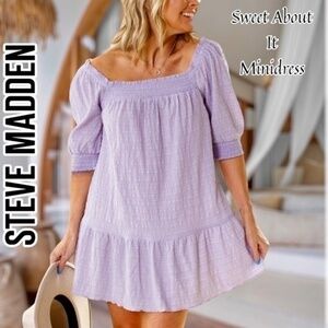 STEVE MADDEN Sweet About It On/Off Shoulder Smocked/Ruffled Lilac Minidress/LG